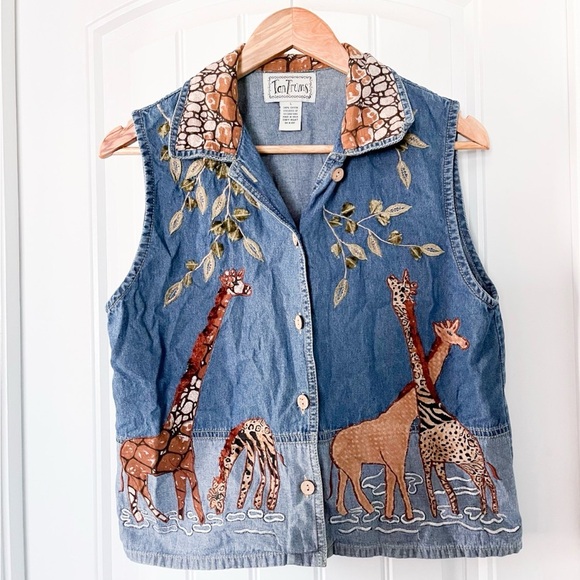 Tantrums Jackets & Blazers - Tan Trums Denim Safari Animal Print Embroidered Giraffe Zebra Vest Women Large